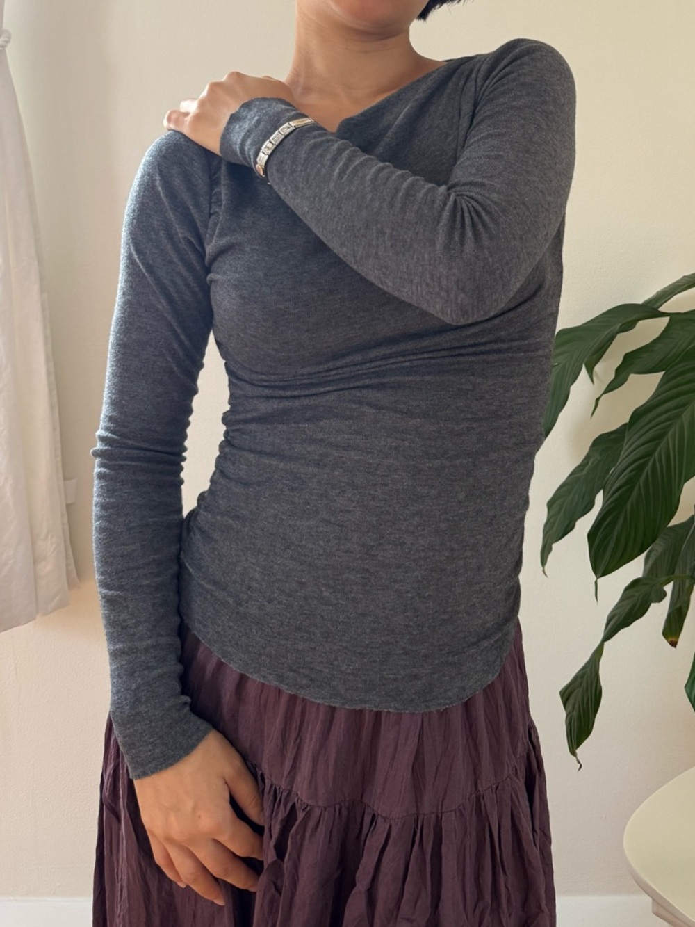 Aritzia Babaton Lyocell Wool Blend Cadmus Ruched Boatneck Gray T Shirt Size XS